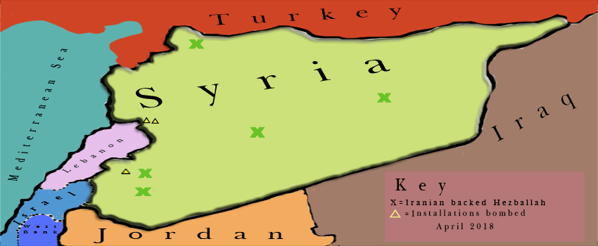 A map of Syria shows the approximate locations of five bases that Israel believes to be controlled by Iran.  One of these is the Damascus International Airport.