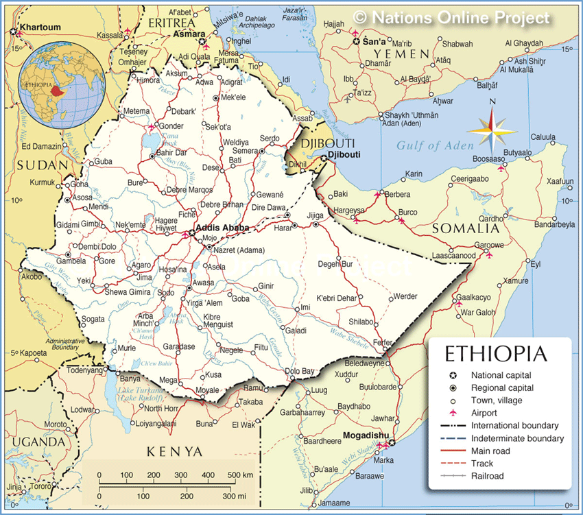 Map of Ethiopia and surrounding countries.