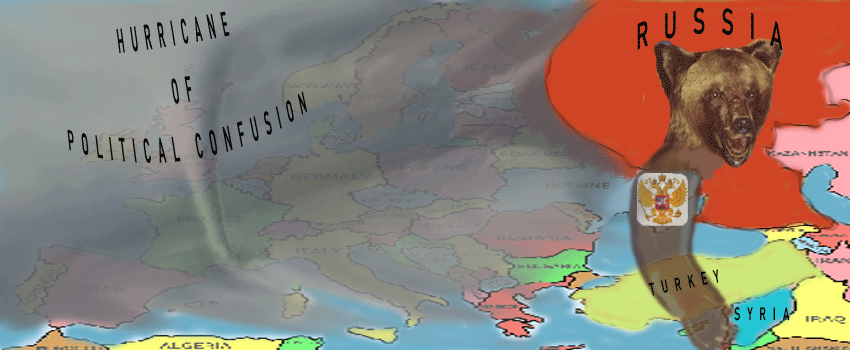 Map of Europe engulfed in a hurricane of political confusion and the bear of Russia's arm swooping down toward Syria