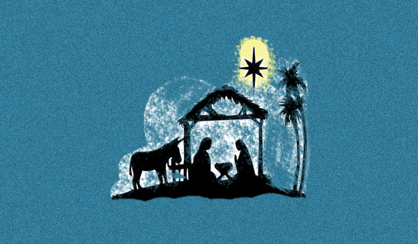A silhouette of Joseph and Mary around baby Jesus in a manger.