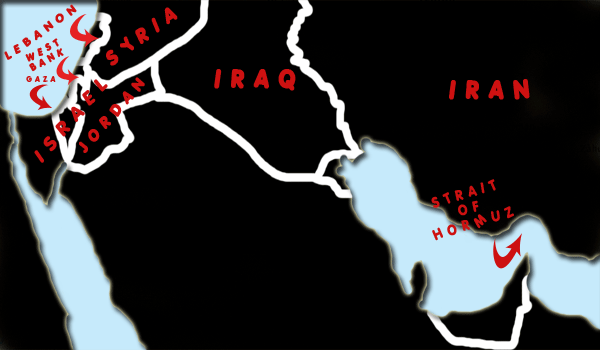 Map of the Middle East with countries Lebanon, Syria, Israel, Iraq and Iran outlined. Also, the Strait of Hormuz.