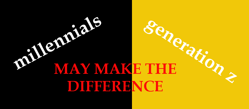 An image with black backround and Millennials written on it.  The other side of the page has yellow backround with Generation Z written on it. Centered below are the words, May make the difference.